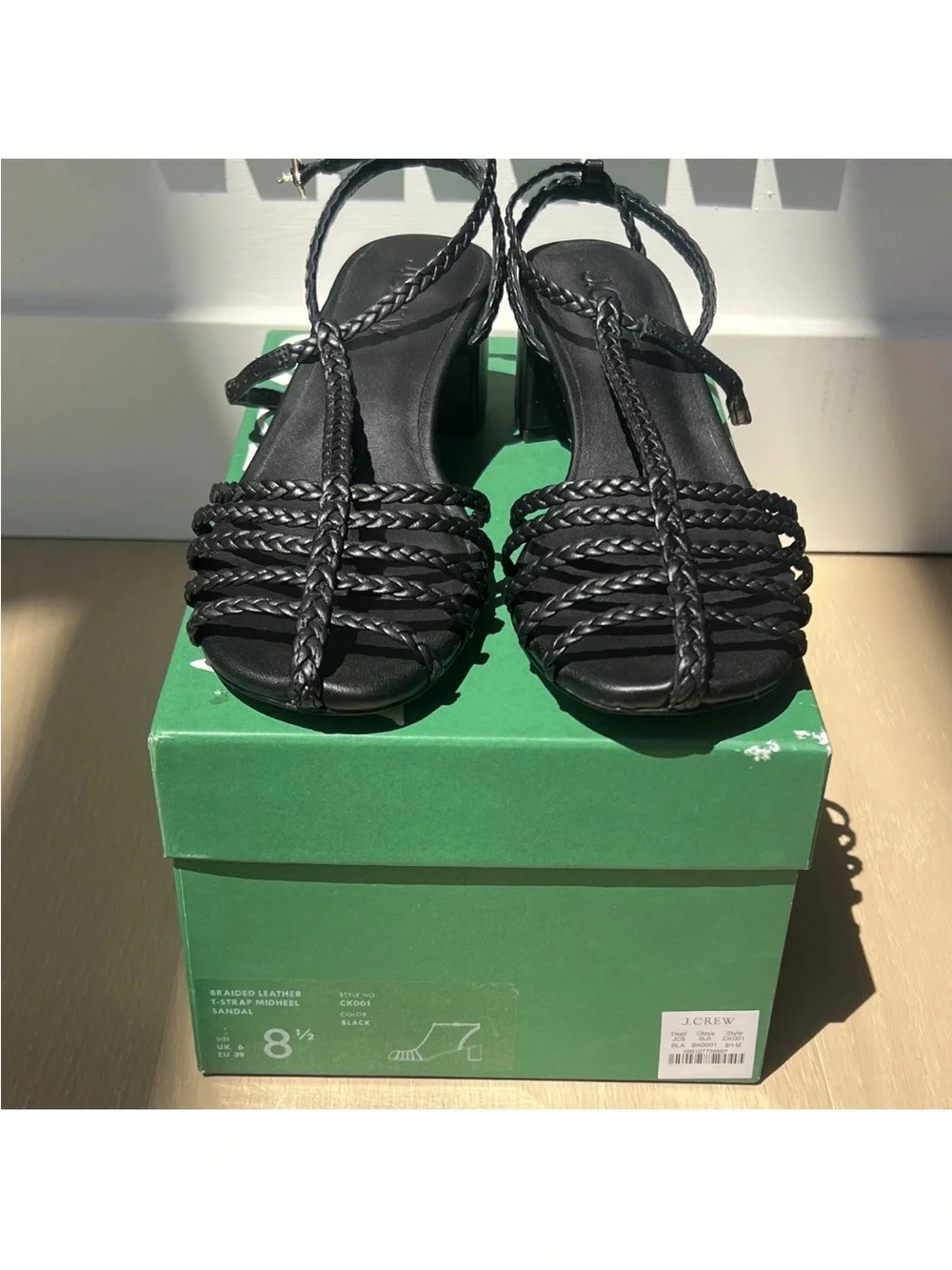 NWB J.Crew Shay Black Leather Braided Strap Block Heeled Sandals 8.5